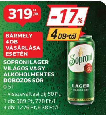 Soproni Lager Világos vagy Alkoholmentes Dobozos Sör