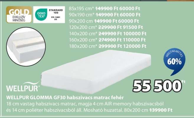 WELLPUR GLOMMA GF30 habszivacs matrac fehér