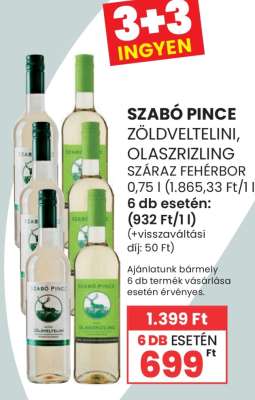 SZABÓ PINCE ZÖLDVELTELINI, OLASZRIZLING SZÁRAZ FEHÉRBOR