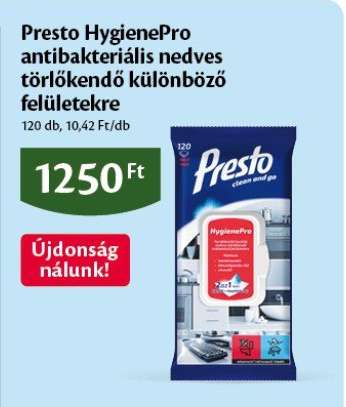 Presto HygienePro antibakteriális nedves törlőkendő különböző felületekre