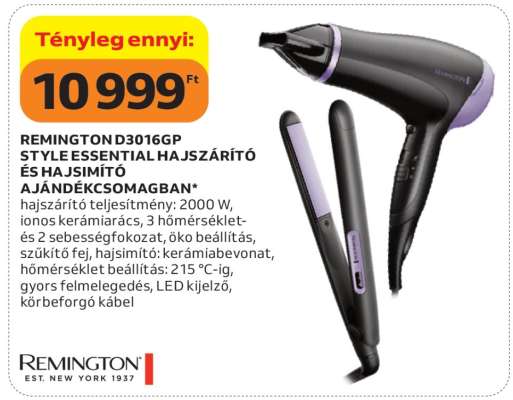 REMINGTON D3016GP STYLE ESSENTIAL HAJSZÁRÍTÓ ÉS HAJSIMÍTÓ AJÁNDÉKCSOMAGBAN