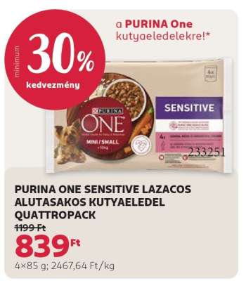 PURINA ONE SENSITIVE LAZACOS ALUTASAKOS KUTYAELEDEL QUATTROPACK