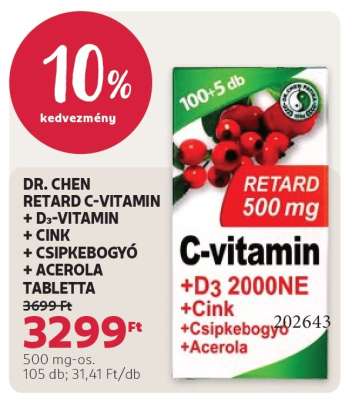 DR. CHEN RETARD C-VITAMIN + D3-VITAMIN + CINK + CSIPKEBOGYÓ + ACEROLA TABLETTA