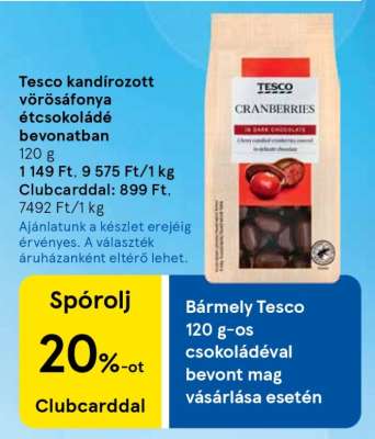 Tesco kandírozott vörösáfonya étcsokoládé bevonatban
