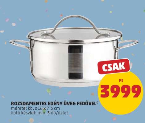 Rozsdamentes edény üveg fedővel