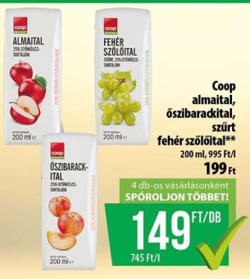 Coop almaital, őszibarackital, szűrt fehér szőlőital