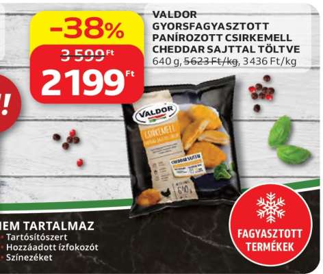 VALDOR GYORSFAGYASZTOTT, PANÍROZOTT CSIRKEMELL CHEDDAR SAJTTAL TÖLTVE