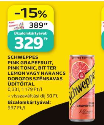 SCHWEPPES PINK GRAPEFRUIT, PINK TONIC, BITTER LEMON VAGY NARANCS DOBOZOS SZÉNSAVAS ÜDÍTŐITAL