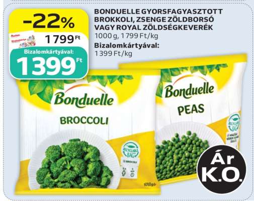 BONDUELLE GYORSFAGYASZTOTT BROKKOLI, ZSENGE ZÖLDBORSÓ VAGY ROYAL ZÖLDSÉGKEVERÉK