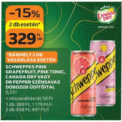 Schweppes Pink Grapefruit, Pink Tonic, Canada Dry vagy Dr Pepper szénsavas dobozos üdítőital