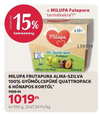 MILUPA FRUTAPURA ALMA-SZILVA 100% GYÜMÖLCSPÜRÉ QUATTROPACK 6 HÓNAPOS KORTÓL