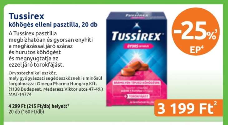 Tussirex köhögés elleni pasztilla, 20 db