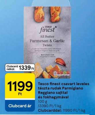 Tesco finest csavart leveles tészta rudak Parmigiano Reggiano sajttal és fokhagymával