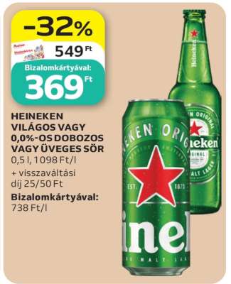 HEINEKEN VILÁGOS VAGY 0,0%-OS DOBOZOS VAGY ÜVEGES SÖR