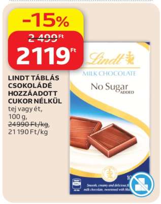 LINDT TÁBLÁS CSOKOLÁDÉ HOZZÁADOTT CUKOR NÉLKÜL