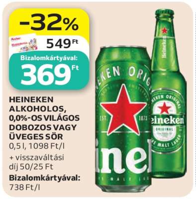 HEINEKEN ALKOHOLLOS, 0,0%-OS VILÁGOS DOBOZOS VAGY ÜVEGES SÖR