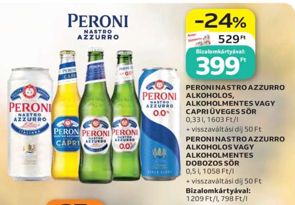 PERONI NASTRO AZZURRO ALKOHOLOS, ALKOHOLMENTES VAGY CAPRI ÜVEGES SÖR
