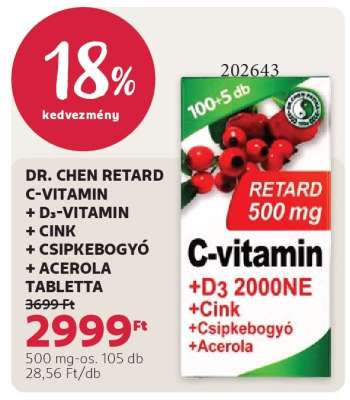 DR. CHEN RETARD C-VITAMIN + D3-VITAMIN + CINK + CSIPKEBOGYÓ + ACEROLA TABLETTA